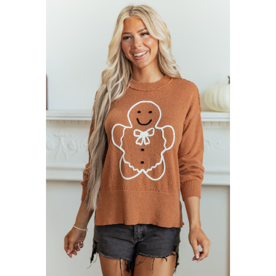 Brown Oversized Drop Shoulder Round Neck Christmas Sweater Sweaters & Cardigans/Sweaters