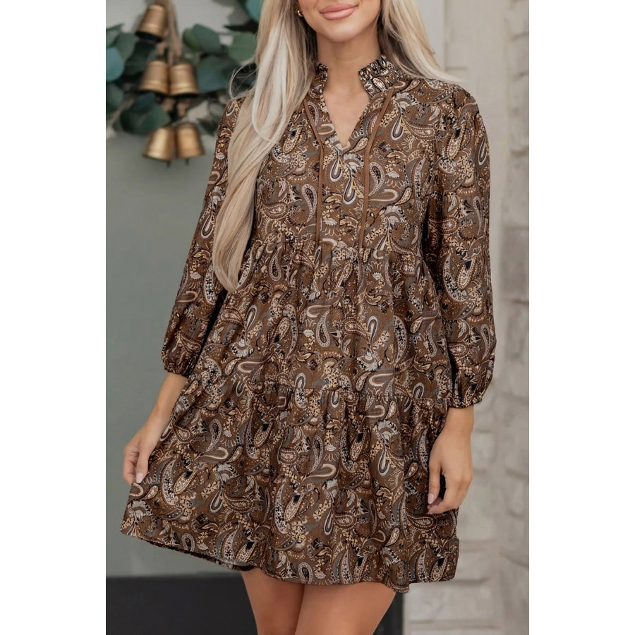 Brown Paisley Print Half Buttons Puff Sleeve Flowy Short Dress Dresses/Mini Dresses