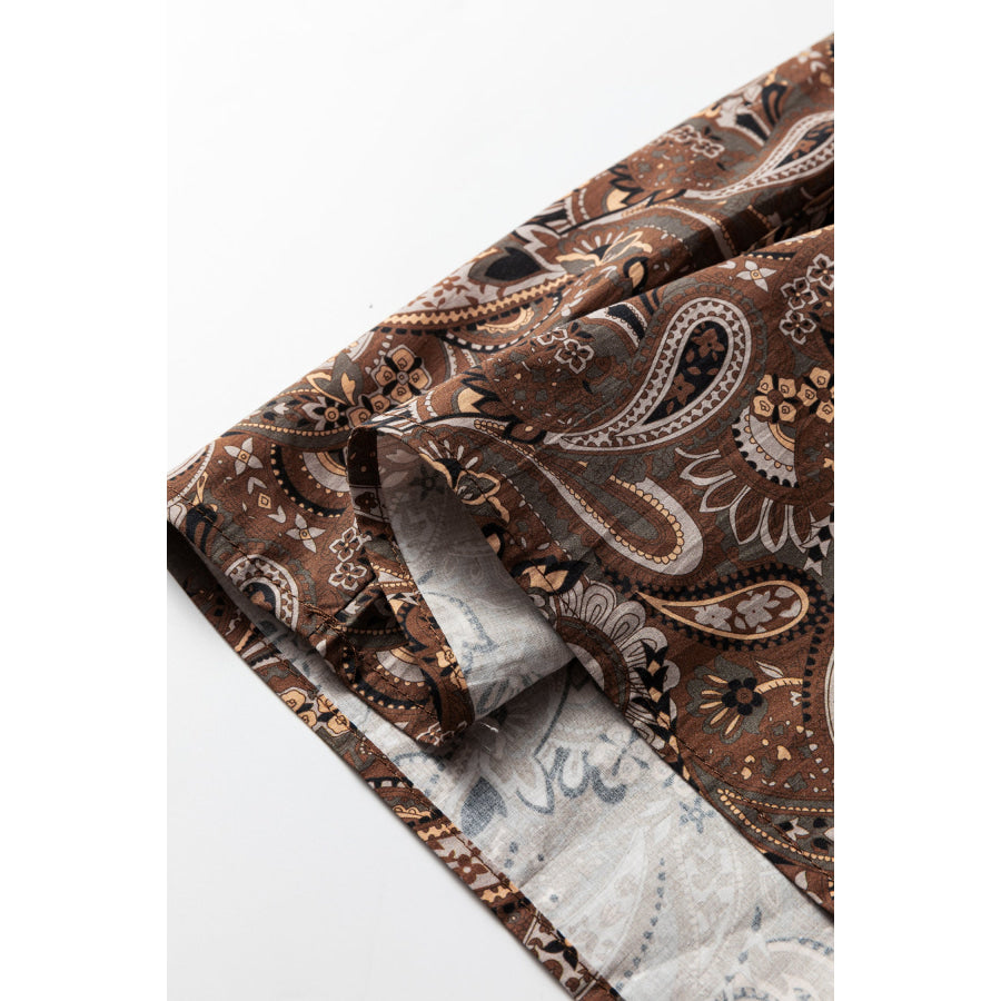 Brown Paisley Print Half Buttons Puff Sleeve Flowy Short Dress Dresses/Mini Dresses