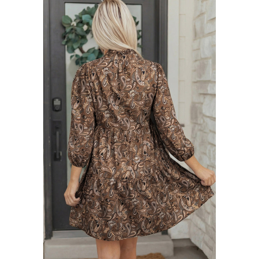 Brown Paisley Print Half Buttons Puff Sleeve Flowy Short Dress Dresses/Mini Dresses