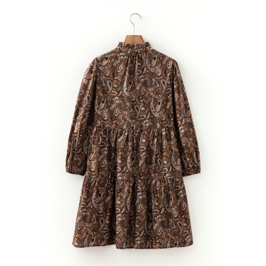 Brown Paisley Print Half Buttons Puff Sleeve Flowy Short Dress Dresses/Mini Dresses