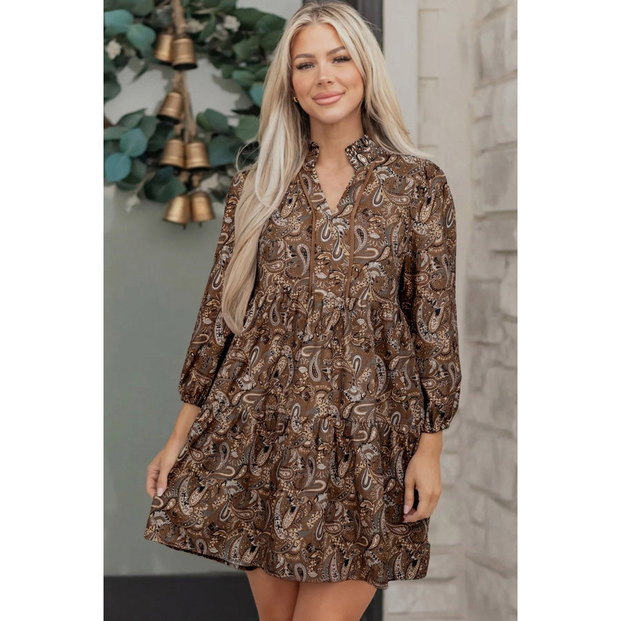 Brown Paisley Print Half Buttons Puff Sleeve Flowy Short Dress Dresses/Mini Dresses