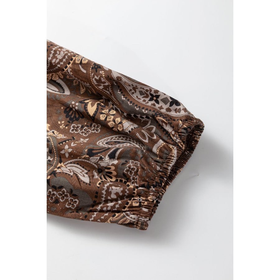 Brown Paisley Print Half Buttons Puff Sleeve Flowy Short Dress Dresses/Mini Dresses