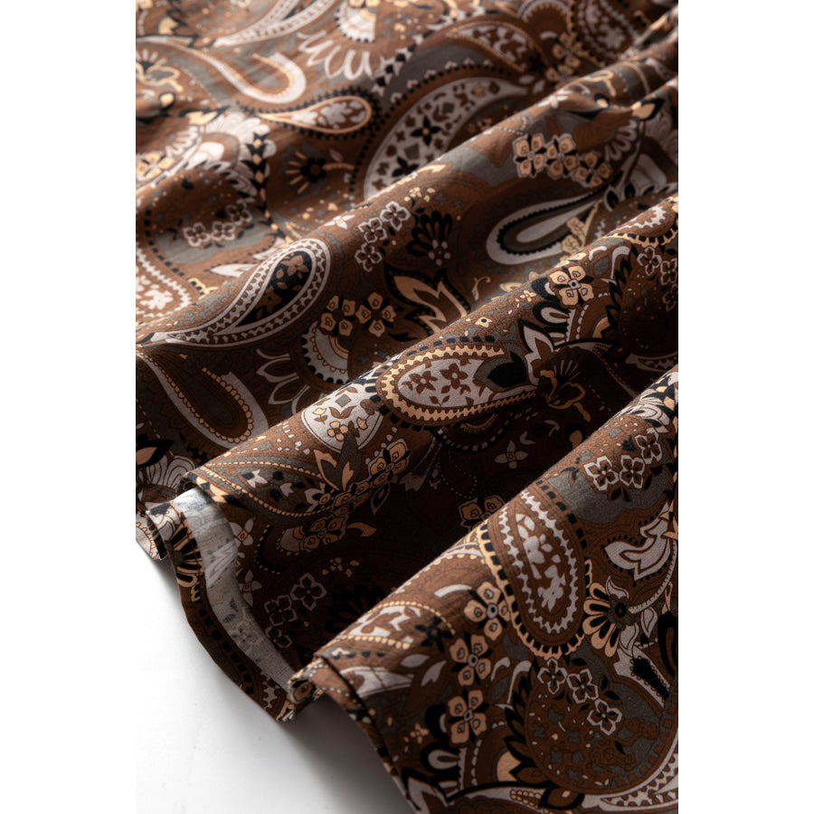 Brown Paisley Print Half Buttons Puff Sleeve Flowy Short Dress Dresses/Mini Dresses
