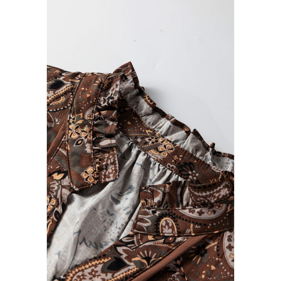 Brown Paisley Print Half Buttons Puff Sleeve Flowy Short Dress Dresses/Mini Dresses