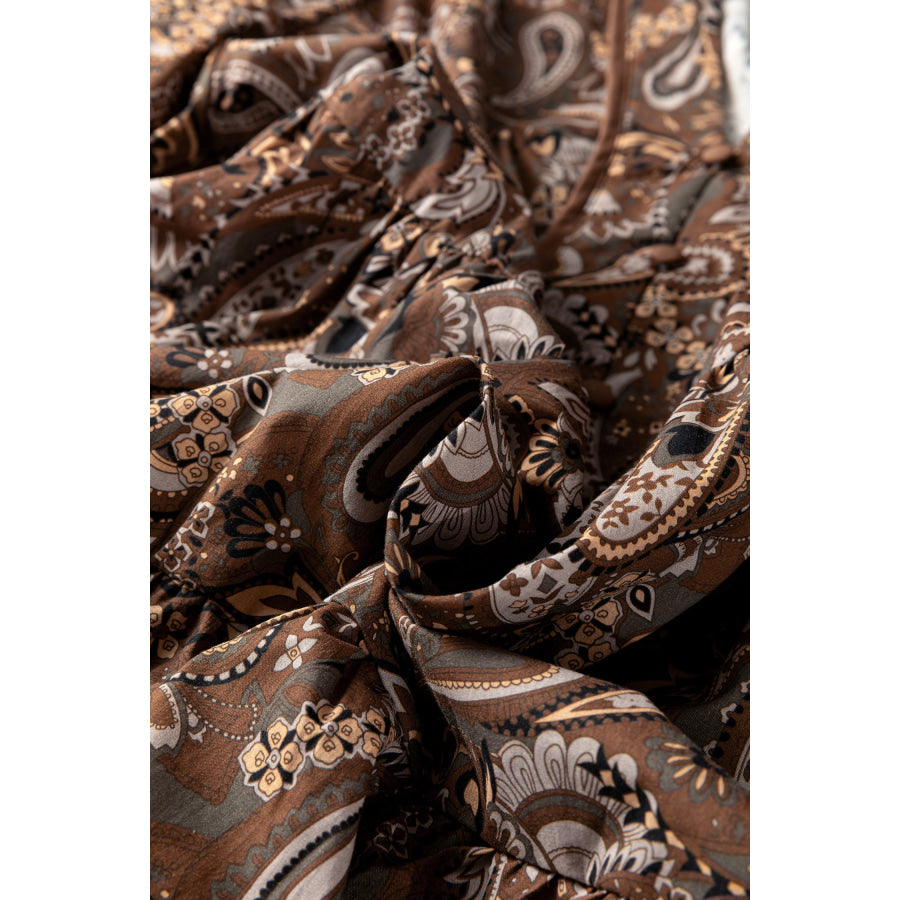 Brown Paisley Print Half Buttons Puff Sleeve Flowy Short Dress Dresses/Mini Dresses