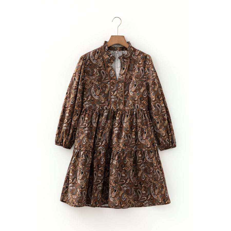 Brown Paisley Print Half Buttons Puff Sleeve Flowy Short Dress Brown / S / 100% Cotton Dresses/Mini Dresses