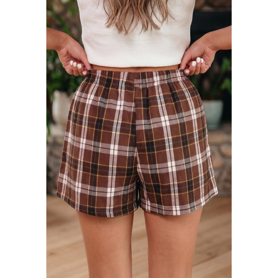 Brown Plaid Button Front Elastic Waist Shorts Bottoms/Casual Shorts