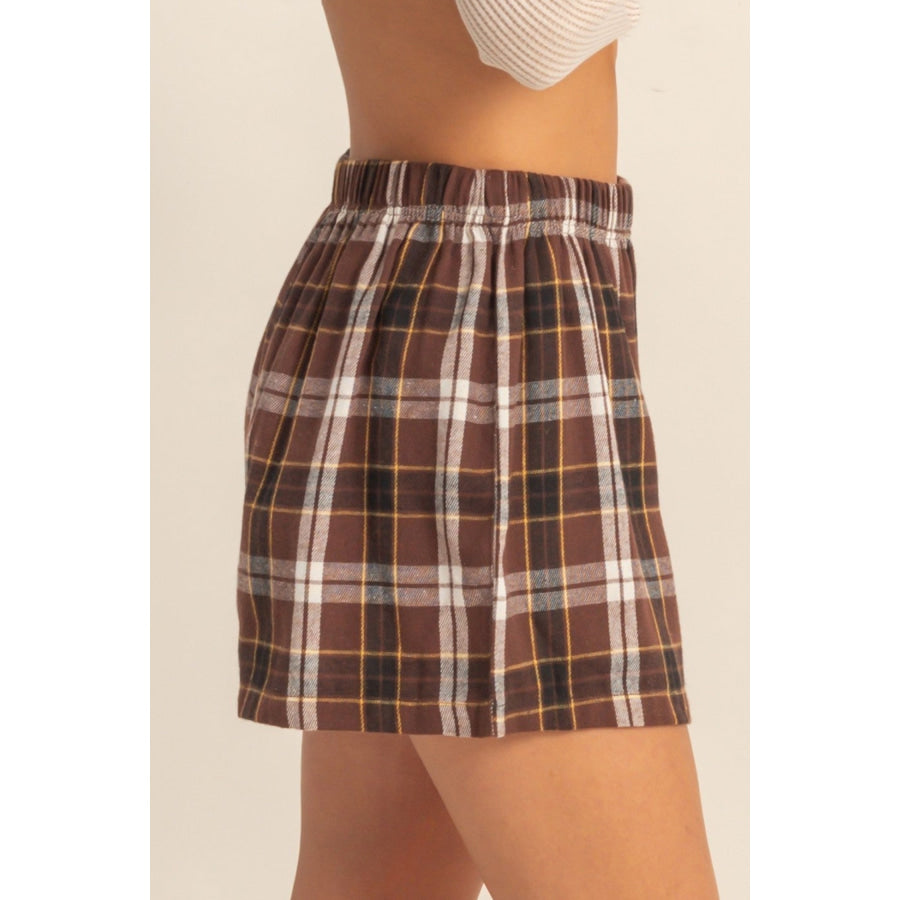 Brown Plaid Button Front Elastic Waist Shorts Bottoms/Casual Shorts