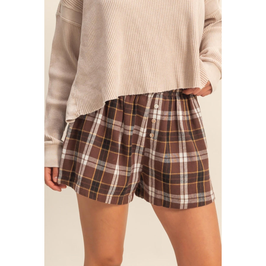 Brown Plaid Button Front Elastic Waist Shorts Bottoms/Casual Shorts