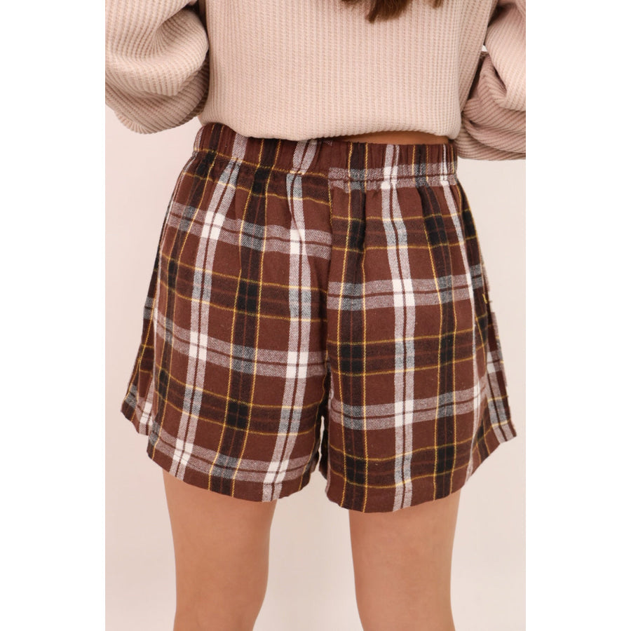Brown Plaid Button Front Elastic Waist Shorts Bottoms/Casual Shorts