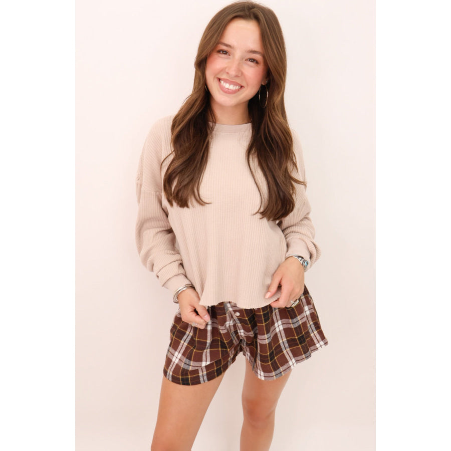 Brown Plaid Button Front Elastic Waist Shorts Bottoms/Casual Shorts