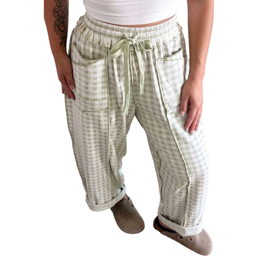Brown Plaid Contrast Trim Drawstring Elastic Waist Shift Pants Bottoms/Pants & Culotte