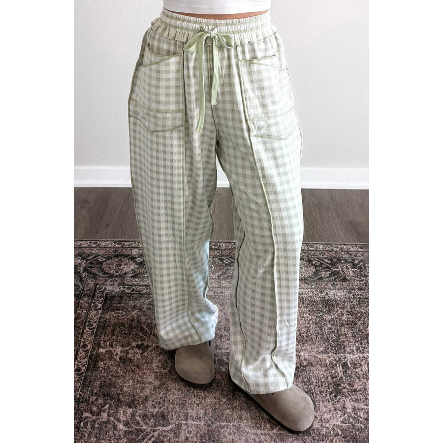Brown Plaid Contrast Trim Drawstring Elastic Waist Shift Pants Bottoms/Pants & Culotte