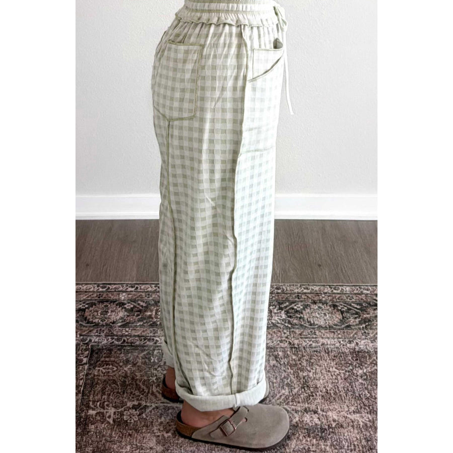 Brown Plaid Contrast Trim Drawstring Elastic Waist Shift Pants Bottoms/Pants & Culotte