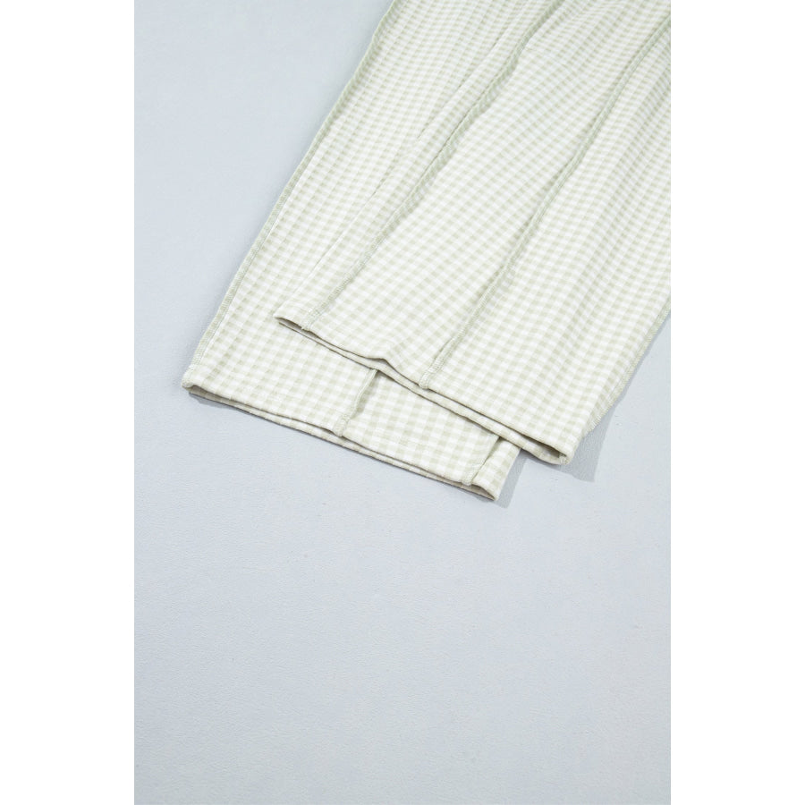 Brown Plaid Contrast Trim Drawstring Elastic Waist Shift Pants Bottoms/Pants & Culotte
