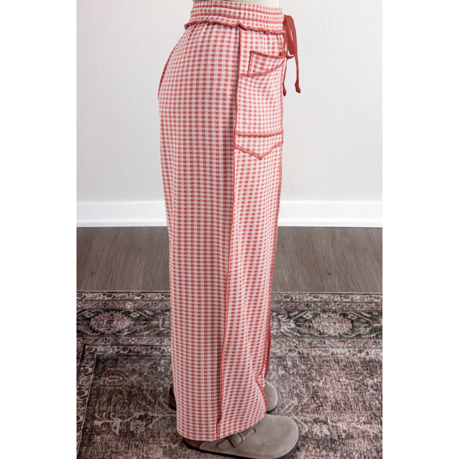 Brown Plaid Contrast Trim Drawstring Elastic Waist Shift Pants Bottoms/Pants & Culotte