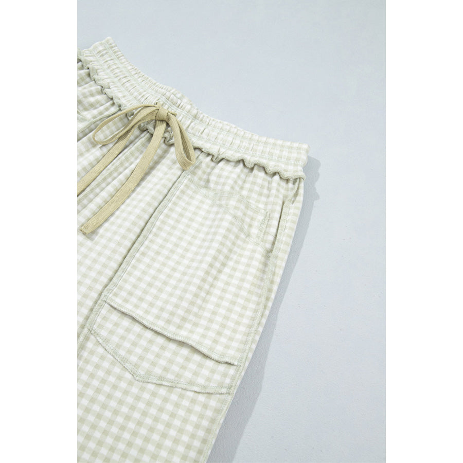 Brown Plaid Contrast Trim Drawstring Elastic Waist Shift Pants Bottoms/Pants & Culotte