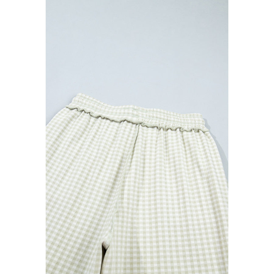 Brown Plaid Contrast Trim Drawstring Elastic Waist Shift Pants Bottoms/Pants & Culotte