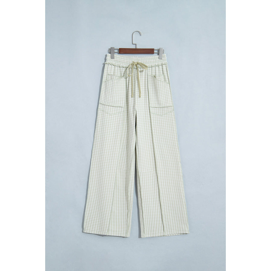 Brown Plaid Contrast Trim Drawstring Elastic Waist Shift Pants Bottoms/Pants & Culotte