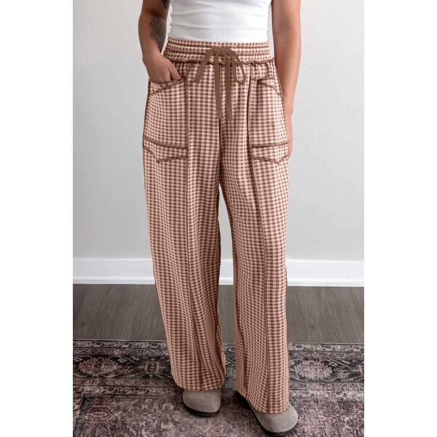 Brown Plaid Contrast Trim Drawstring Elastic Waist Shift Pants Bottoms/Pants & Culotte