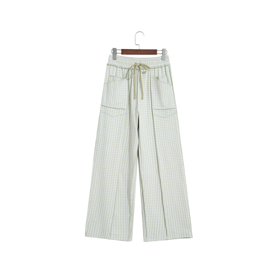 Brown Plaid Contrast Trim Drawstring Elastic Waist Shift Pants Bottoms/Pants & Culotte