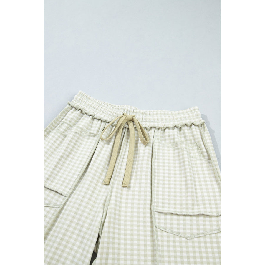 Brown Plaid Contrast Trim Drawstring Elastic Waist Shift Pants Bottoms/Pants & Culotte