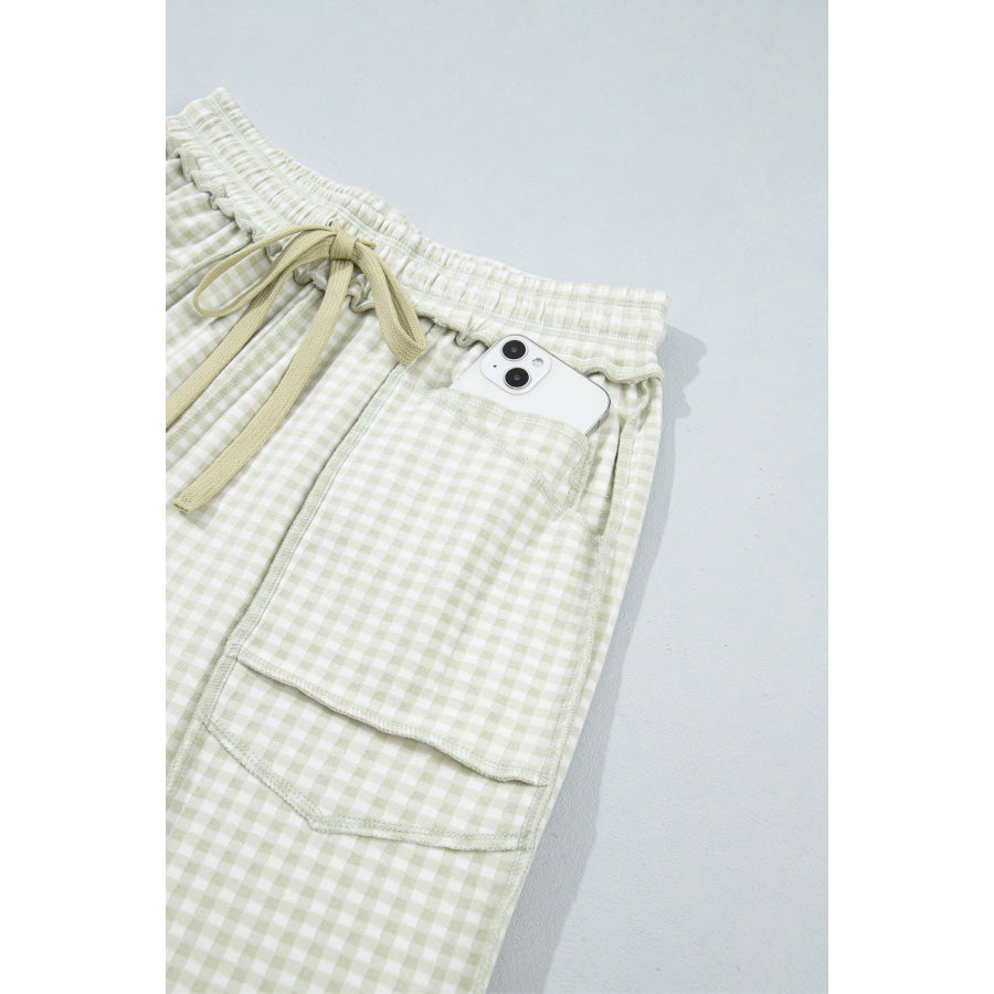 Brown Plaid Contrast Trim Drawstring Elastic Waist Shift Pants Bottoms/Pants & Culotte
