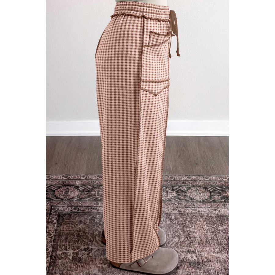 Brown Plaid Contrast Trim Drawstring Elastic Waist Shift Pants / S Bottoms/Pants & Culotte
