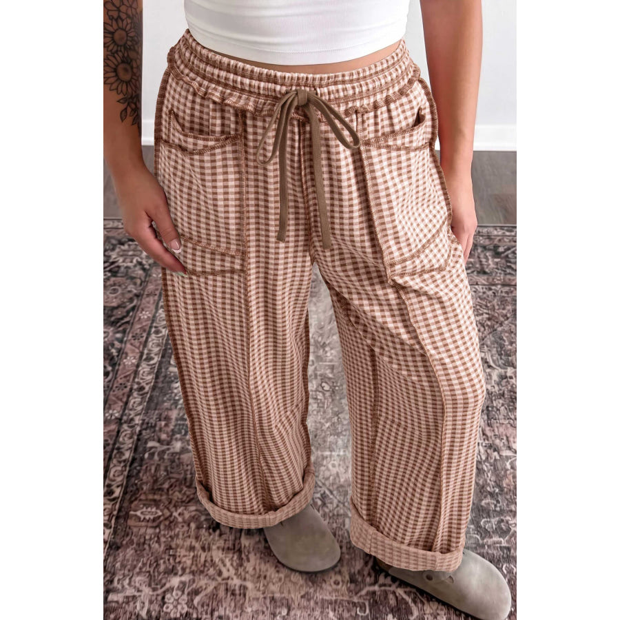 Brown Plaid Contrast Trim Drawstring Elastic Waist Shift Pants / S Bottoms/Pants & Culotte