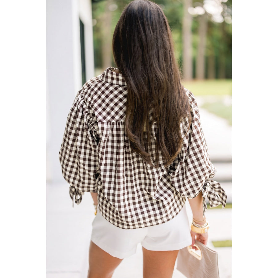 Brown Plaid Knot Half Sleeve Button Down Shirt Brown / S Tops/Blouses & Shirts