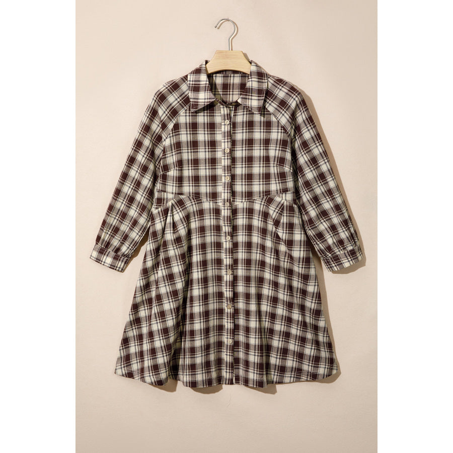 Brown Plaid Long Sleeve Short Shift Mini Dress Dresses/Mini Dresses