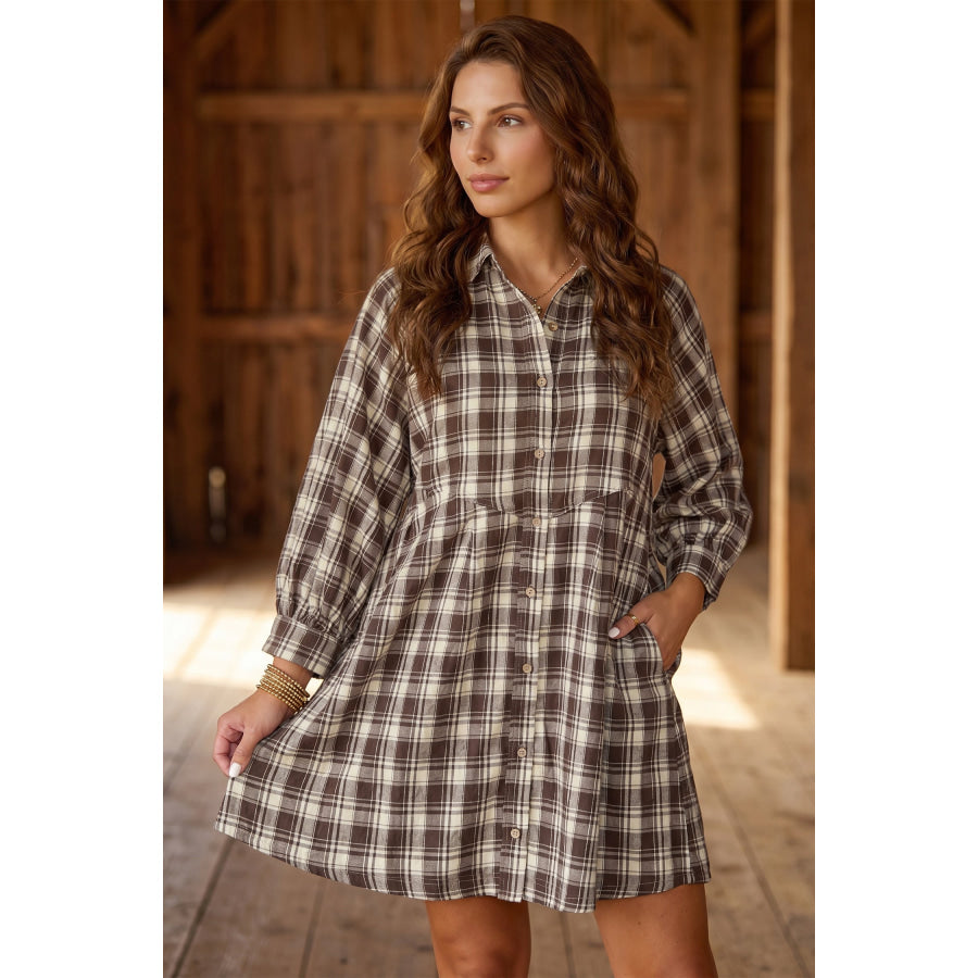 Brown Plaid Long Sleeve Short Shift Mini Dress Brown / S Dresses/Mini Dresses