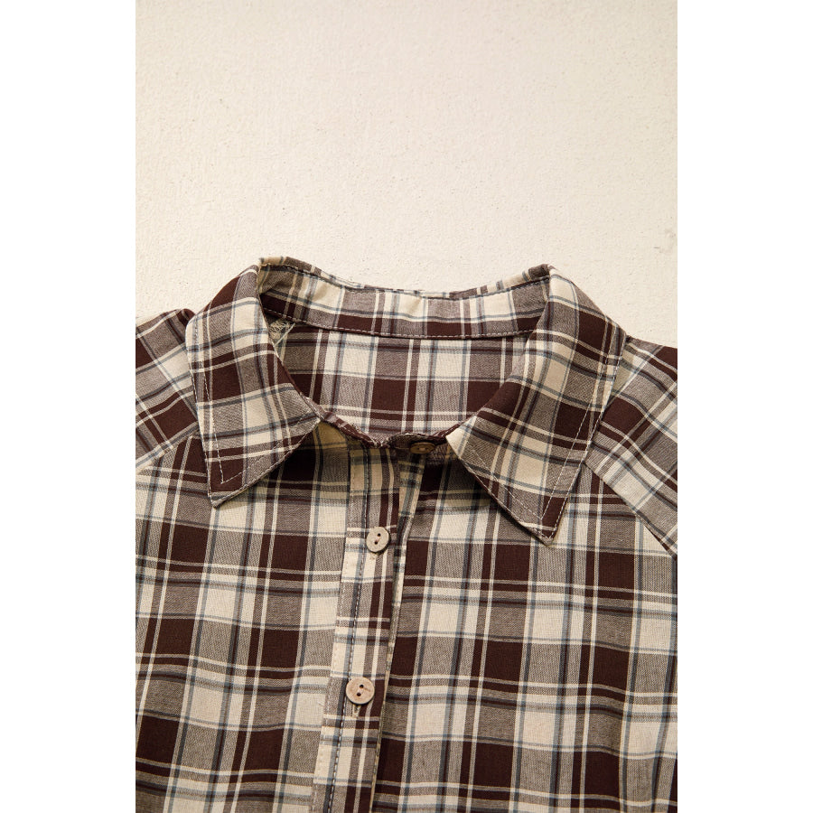 Brown Plaid Long Sleeve Short Shift Mini Dress Dresses/Mini Dresses