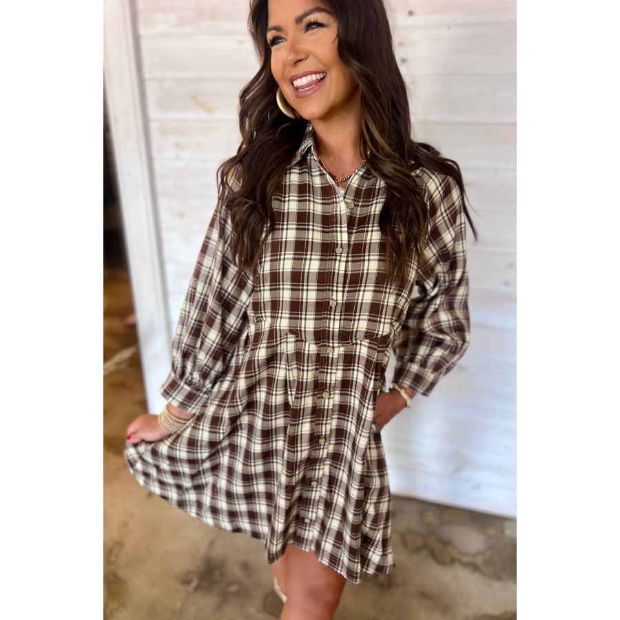 Brown Plaid Long Sleeve Short Shift Mini Dress Dresses/Mini Dresses