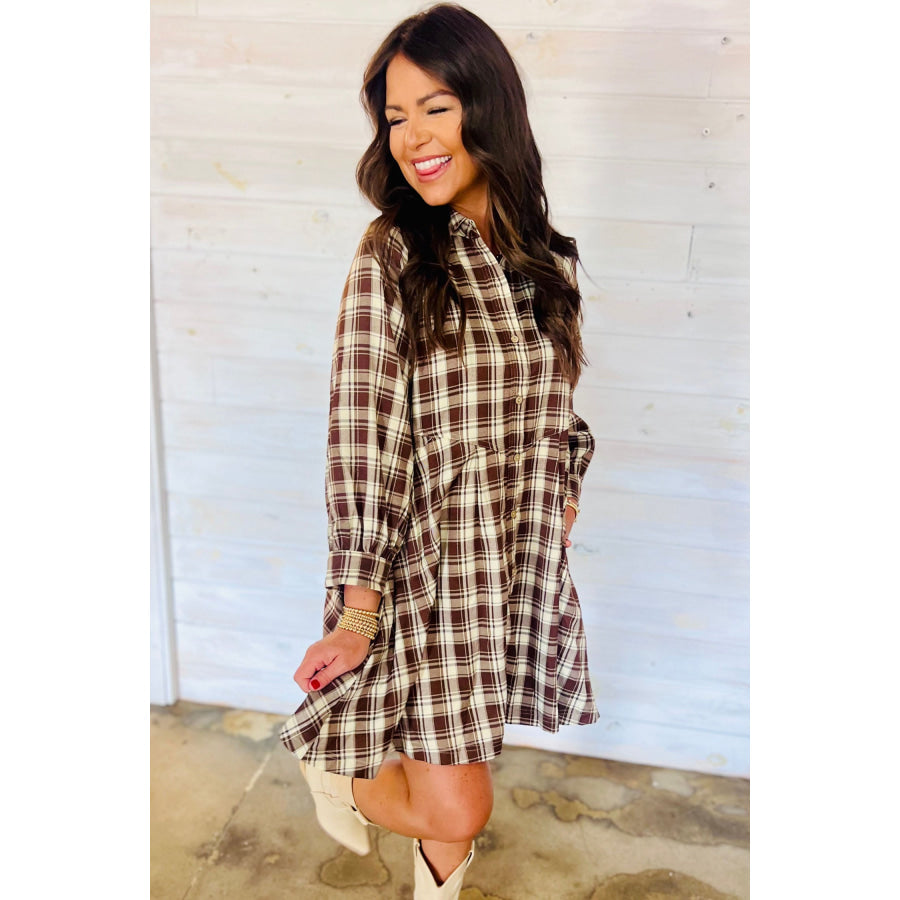 Brown Plaid Long Sleeve Short Shift Mini Dress Dresses/Mini Dresses