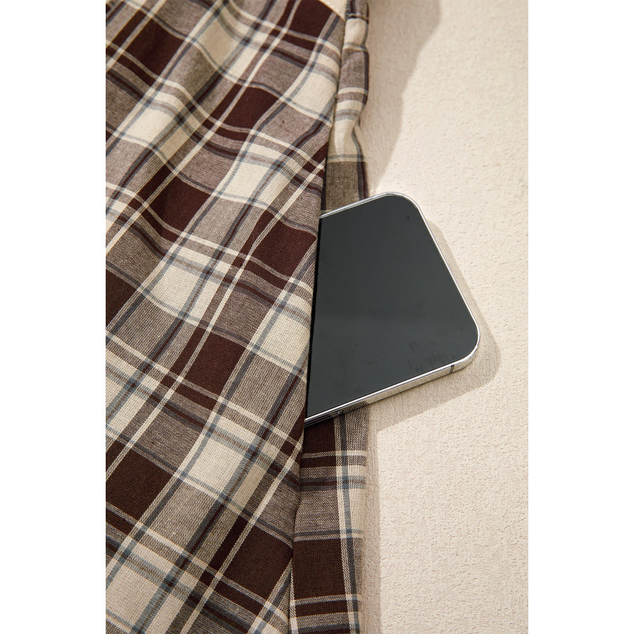 Brown Plaid Long Sleeve Short Shift Mini Dress Dresses/Mini Dresses