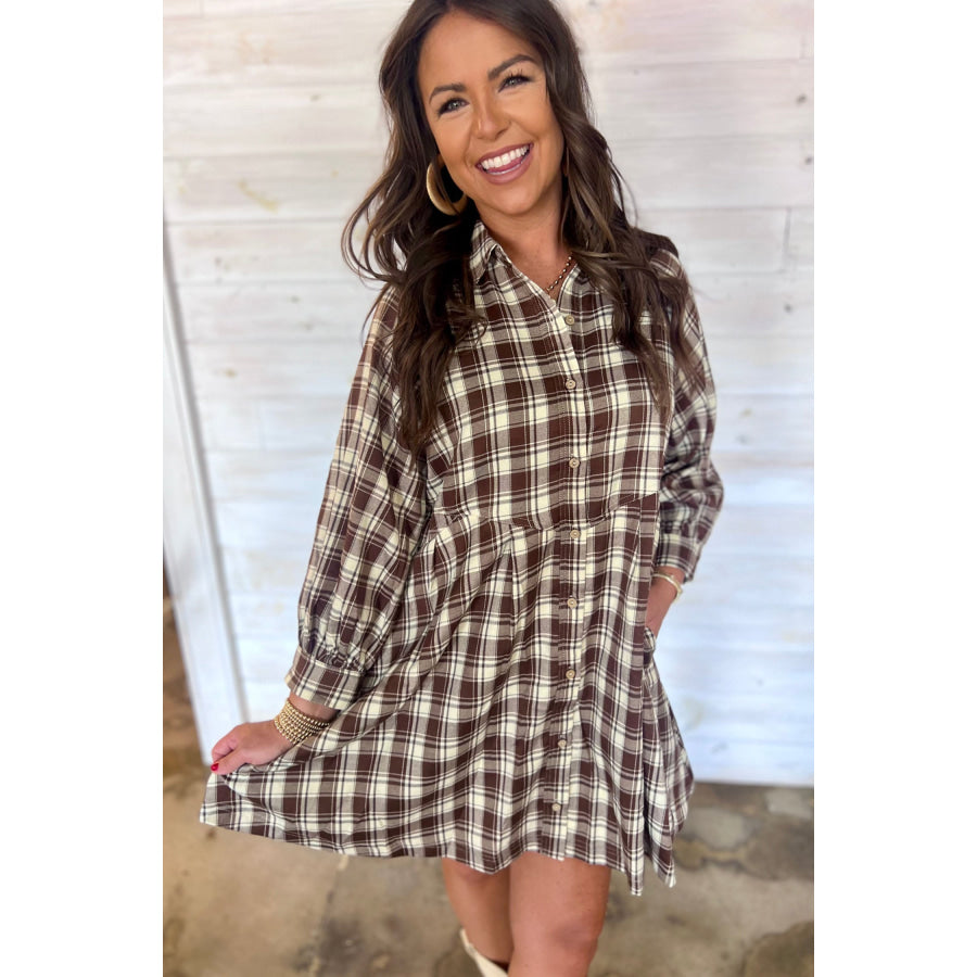 Brown Plaid Long Sleeve Short Shift Mini Dress Dresses/Mini Dresses