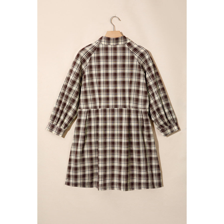 Brown Plaid Long Sleeve Short Shift Mini Dress Dresses/Mini Dresses