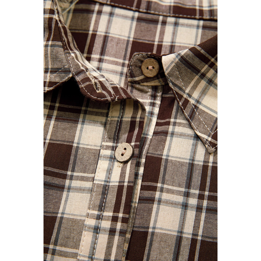 Brown Plaid Long Sleeve Short Shift Mini Dress Dresses/Mini Dresses