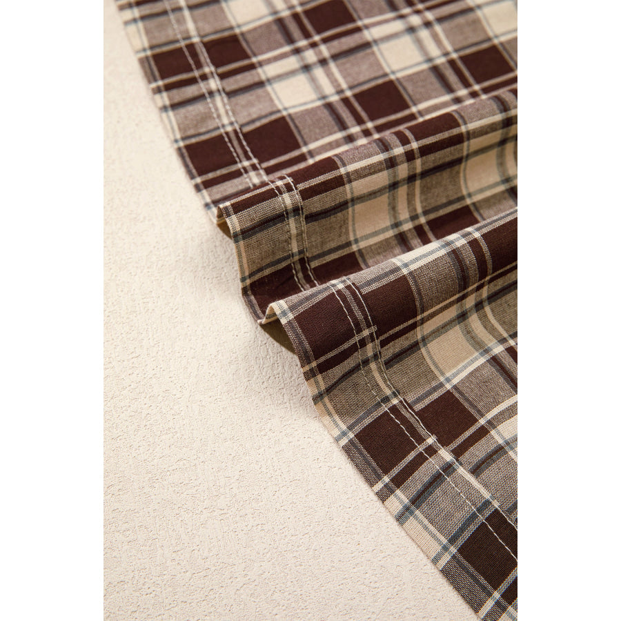 Brown Plaid Long Sleeve Short Shift Mini Dress Dresses/Mini Dresses