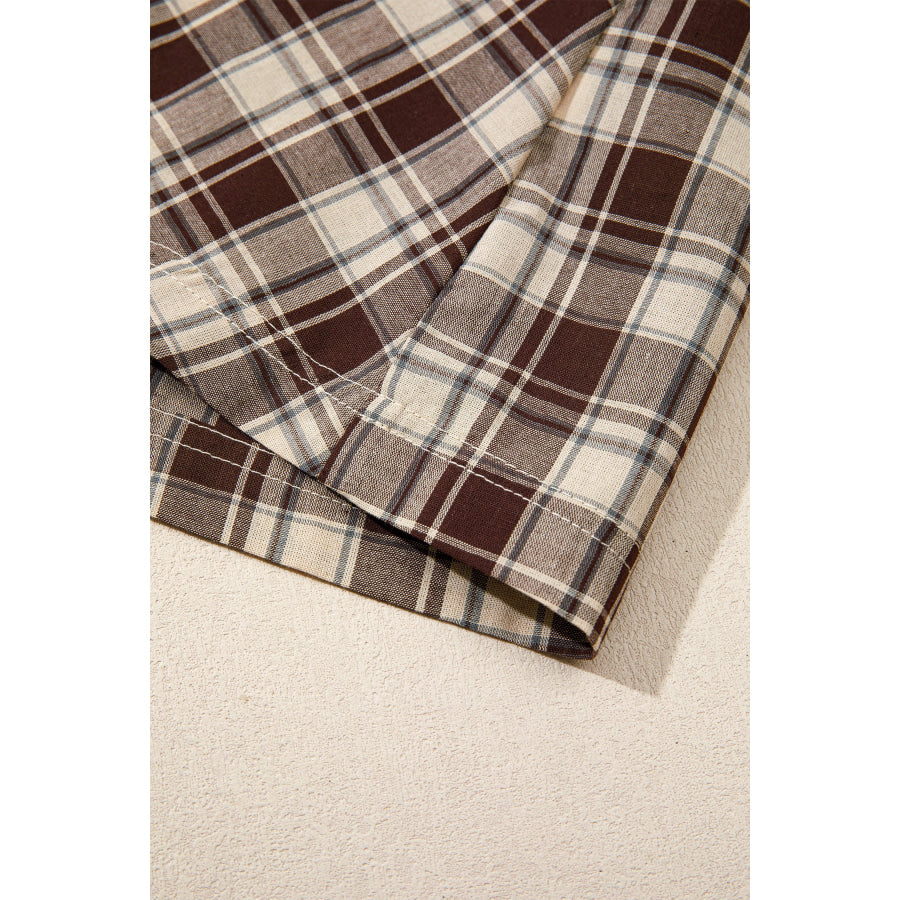 Brown Plaid Long Sleeve Short Shift Mini Dress Dresses/Mini Dresses