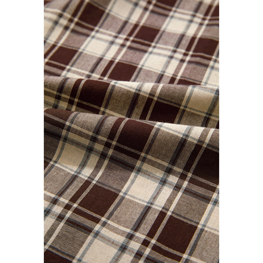 Brown Plaid Long Sleeve Short Shift Mini Dress Dresses/Mini Dresses