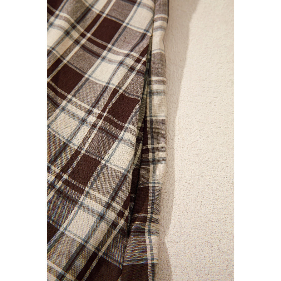 Brown Plaid Long Sleeve Short Shift Mini Dress Dresses/Mini Dresses