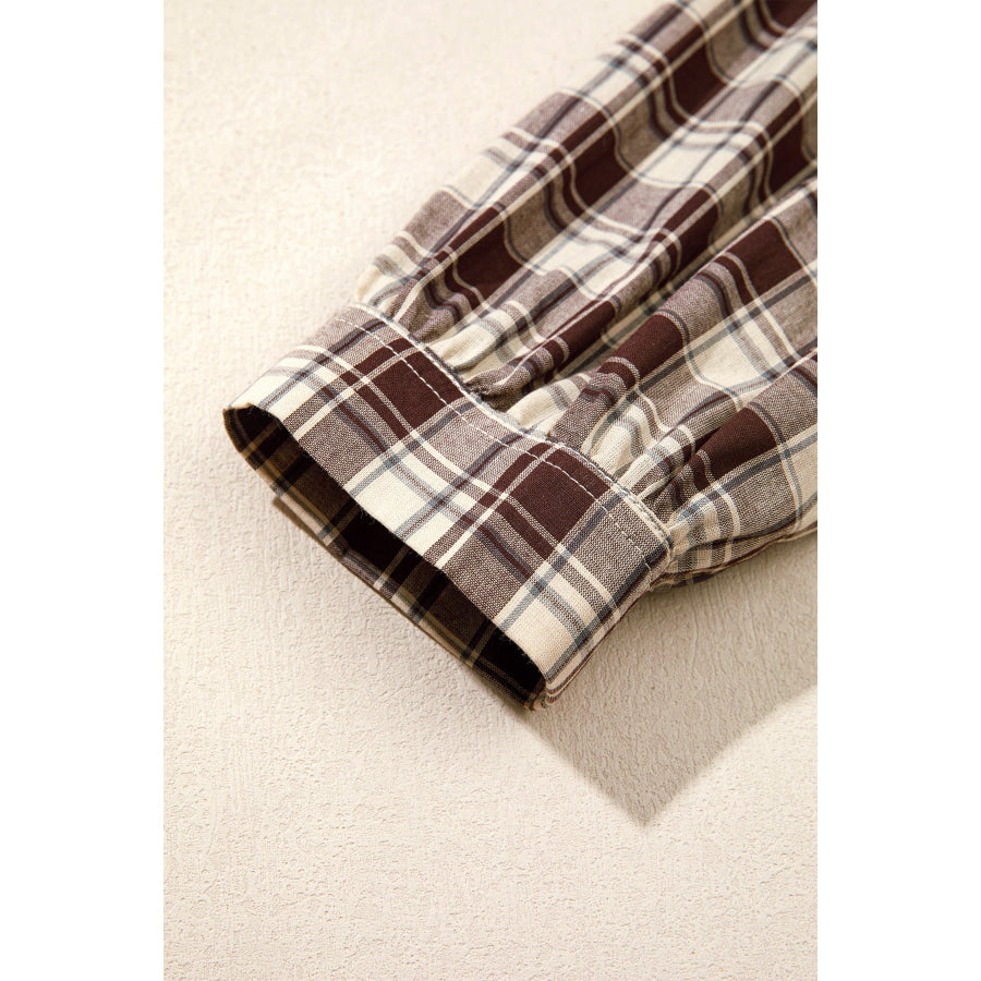 Brown Plaid Long Sleeve Short Shift Mini Dress Dresses/Mini Dresses