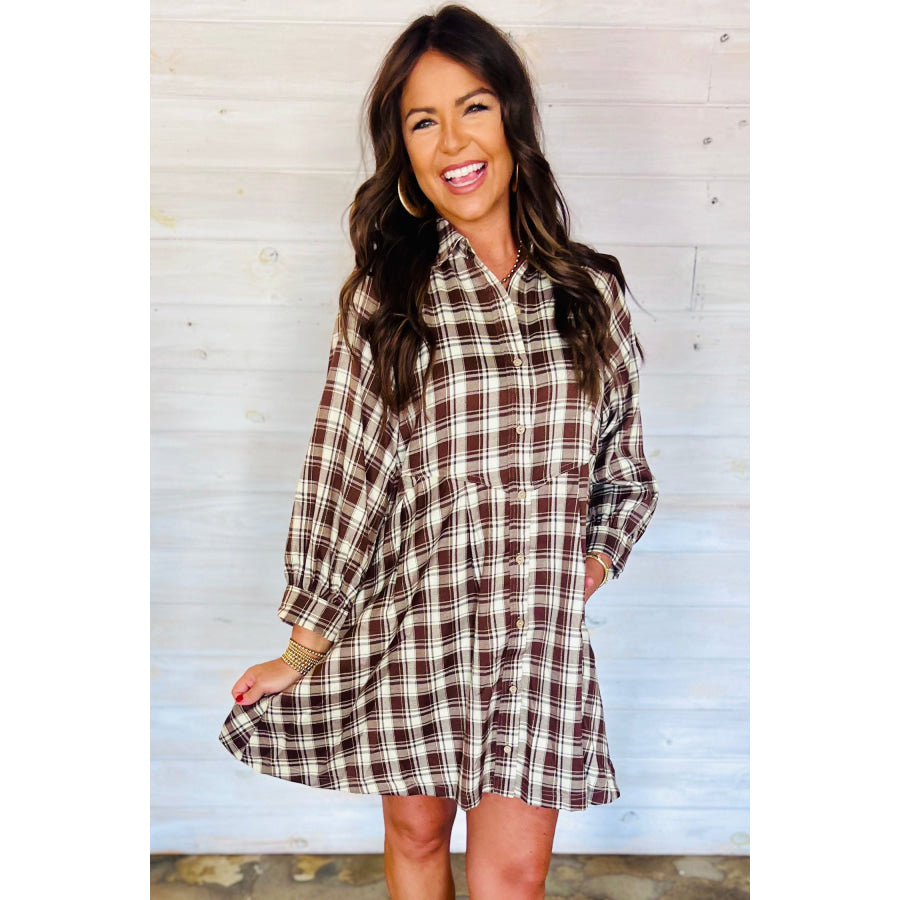 Brown Plaid Long Sleeve Short Shift Mini Dress Dresses/Mini Dresses