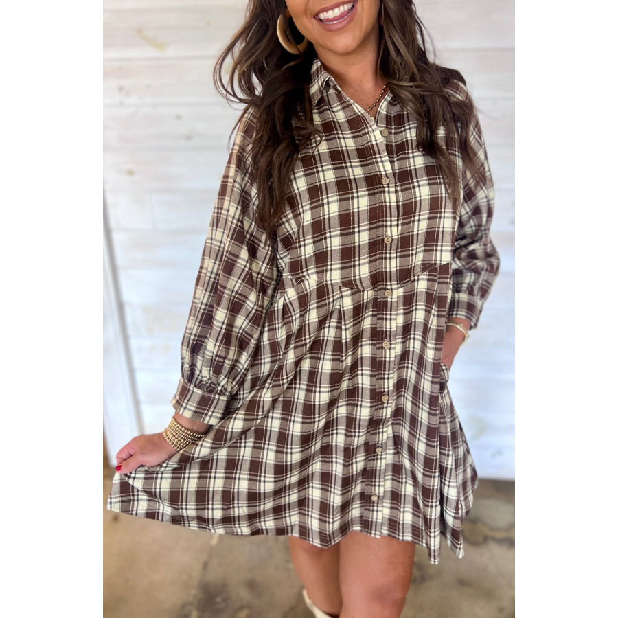 Brown Plaid Long Sleeve Short Shift Mini Dress Dresses/Mini Dresses