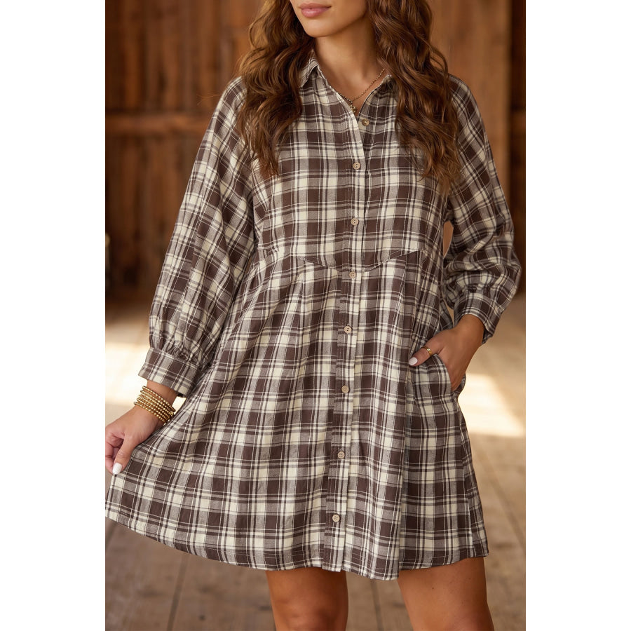 Brown Plaid Long Sleeve Short Shift Mini Dress Brown / S Dresses/Mini Dresses