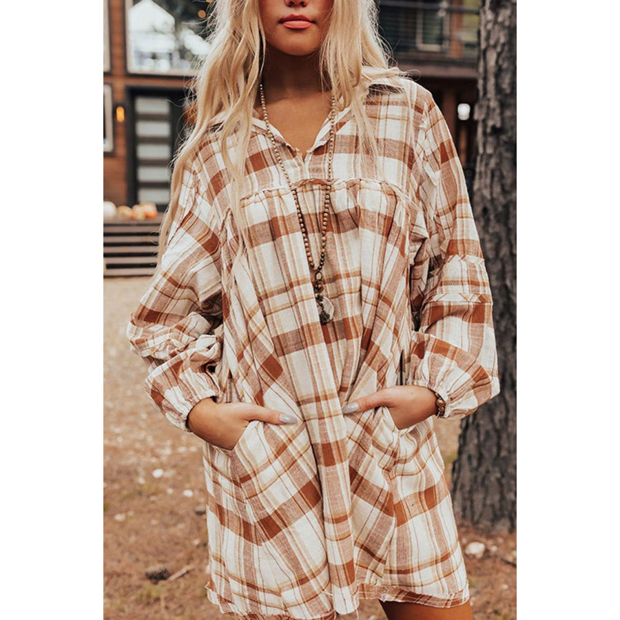Brown Plaid Print Side Pockets Frilled Babydoll Mini Dress Dresses/Mini Dresses