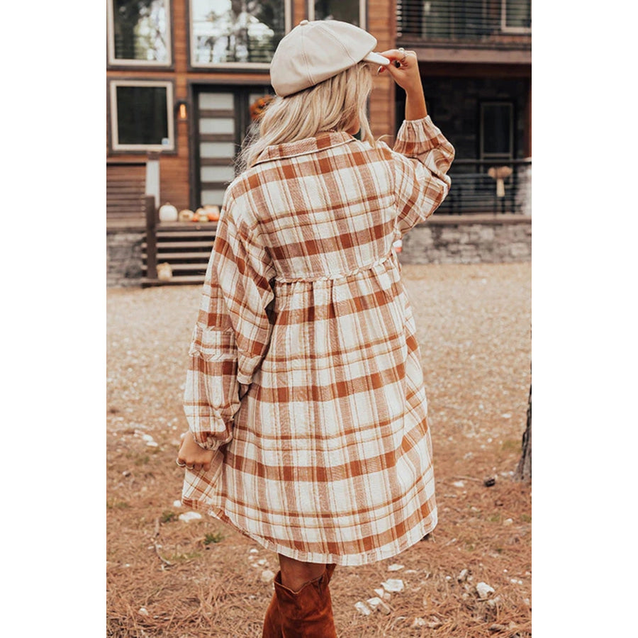 Brown Plaid Print Side Pockets Frilled Babydoll Mini Dress Dresses/Mini Dresses